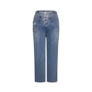 Le Lis Medium Blue High-Waisted Straight Leg Jeans White Lace-Up Back Detail